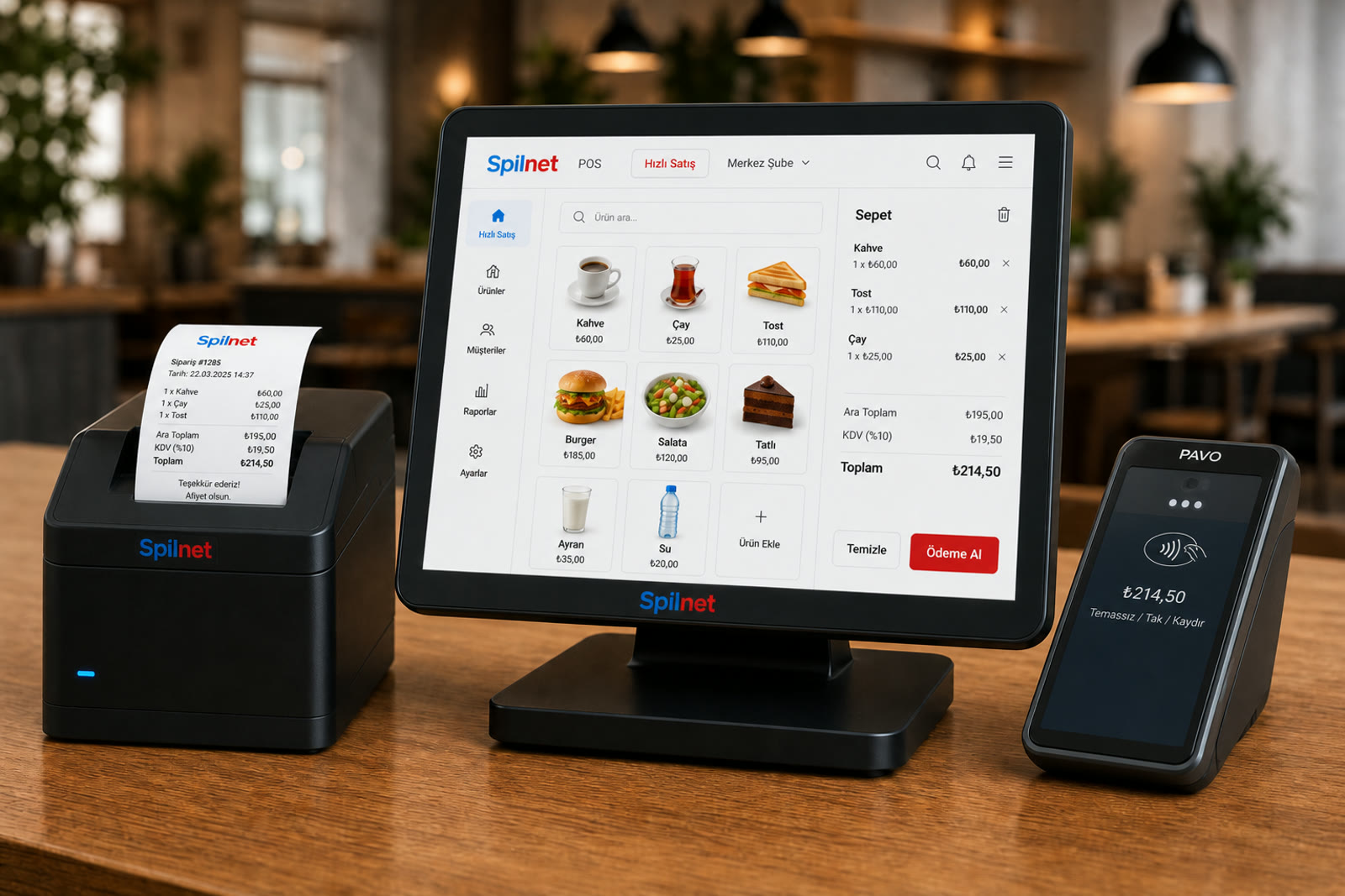 Spilnet POS Hızlı Satış ekranı, Spilnet fiş yazıcısı ve Pavo N6 Pro kart makinesi